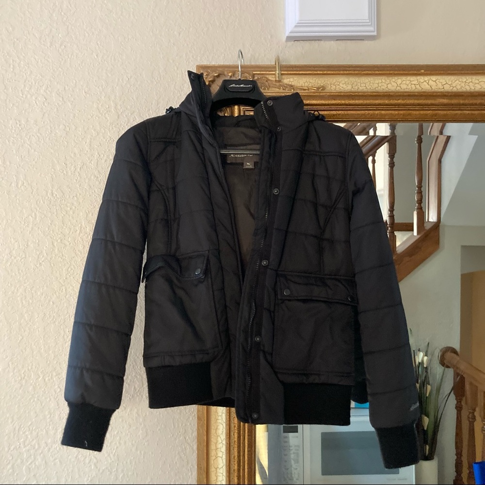 Eddie Bauer Black Short Parka with Fur Lined Hood